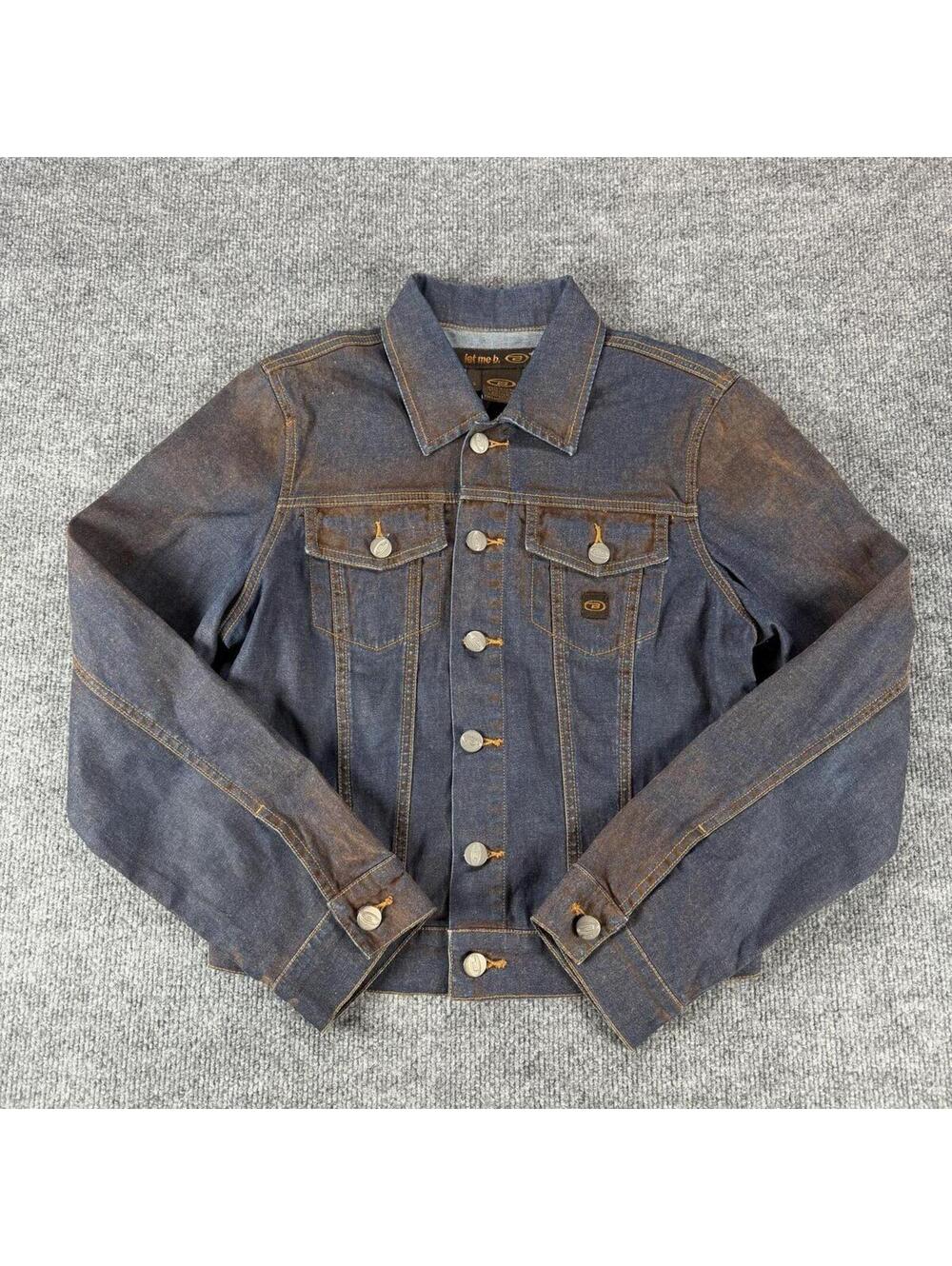 Bongo Let Me B. Denim Jacket Blue Brown Distressed Small Casual Streetwear Y2K